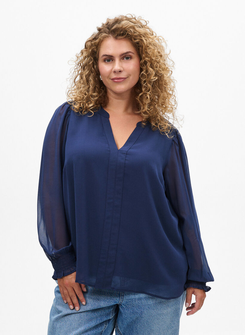 Blouse with sheer sleeves and smocking, Blue, Model image number 0