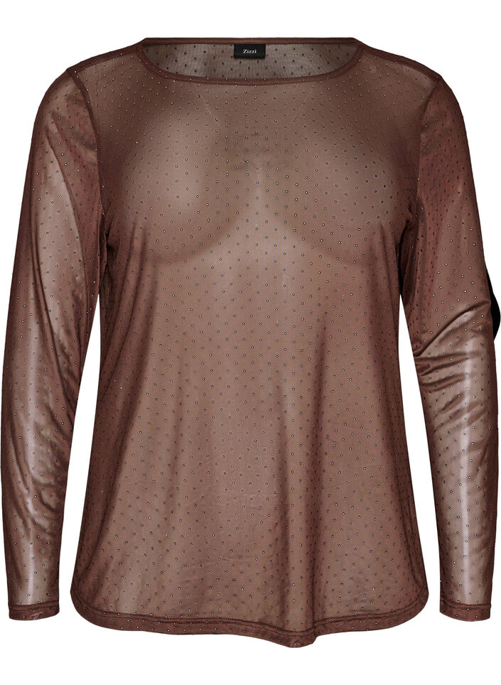 Sheer mesh blouse with rhinestones, Brown, Packshot image number 0