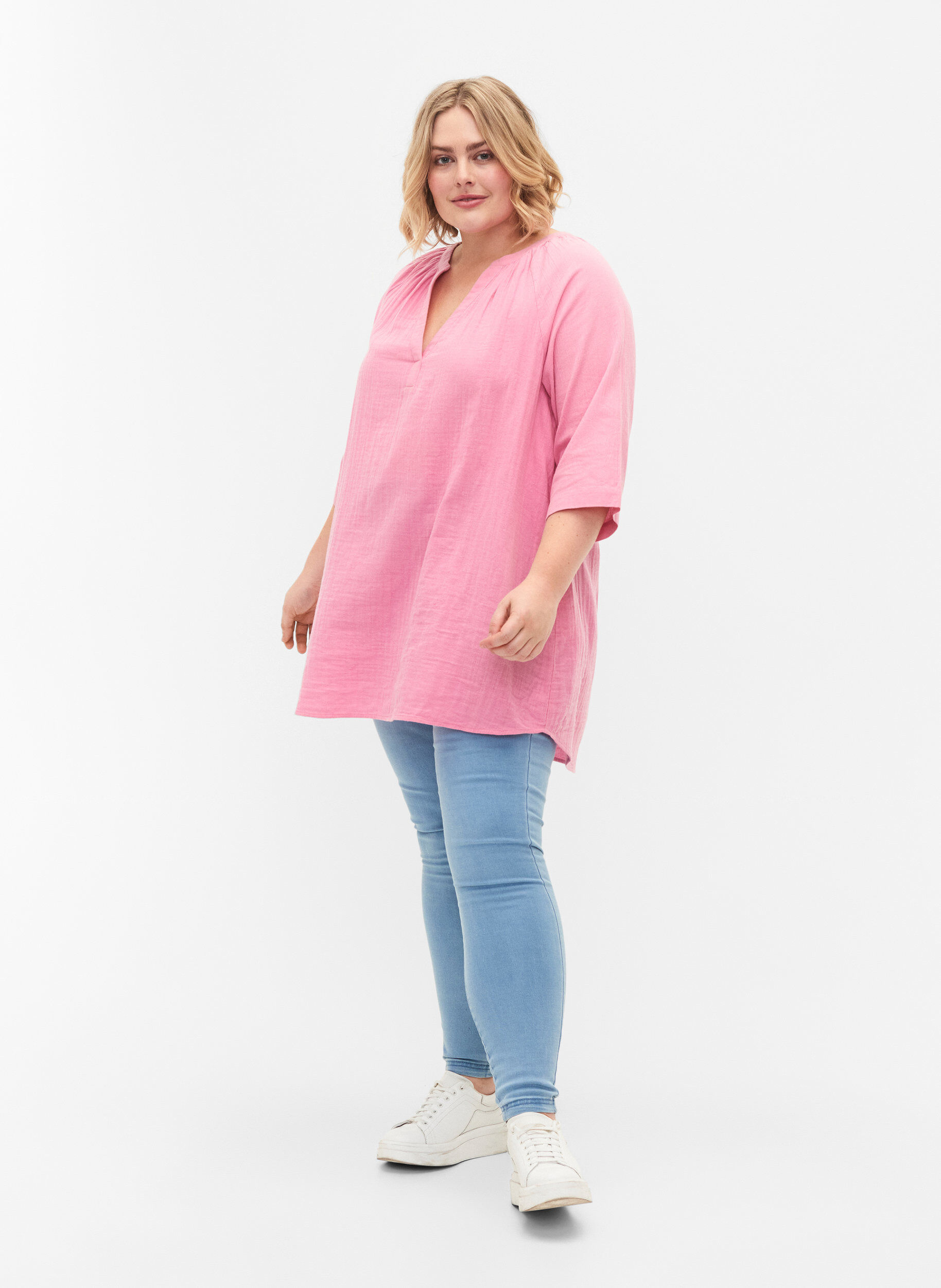 Zizzifashion 3/4 sleeve tunic in cotton, Rosebloom, Model image number 2