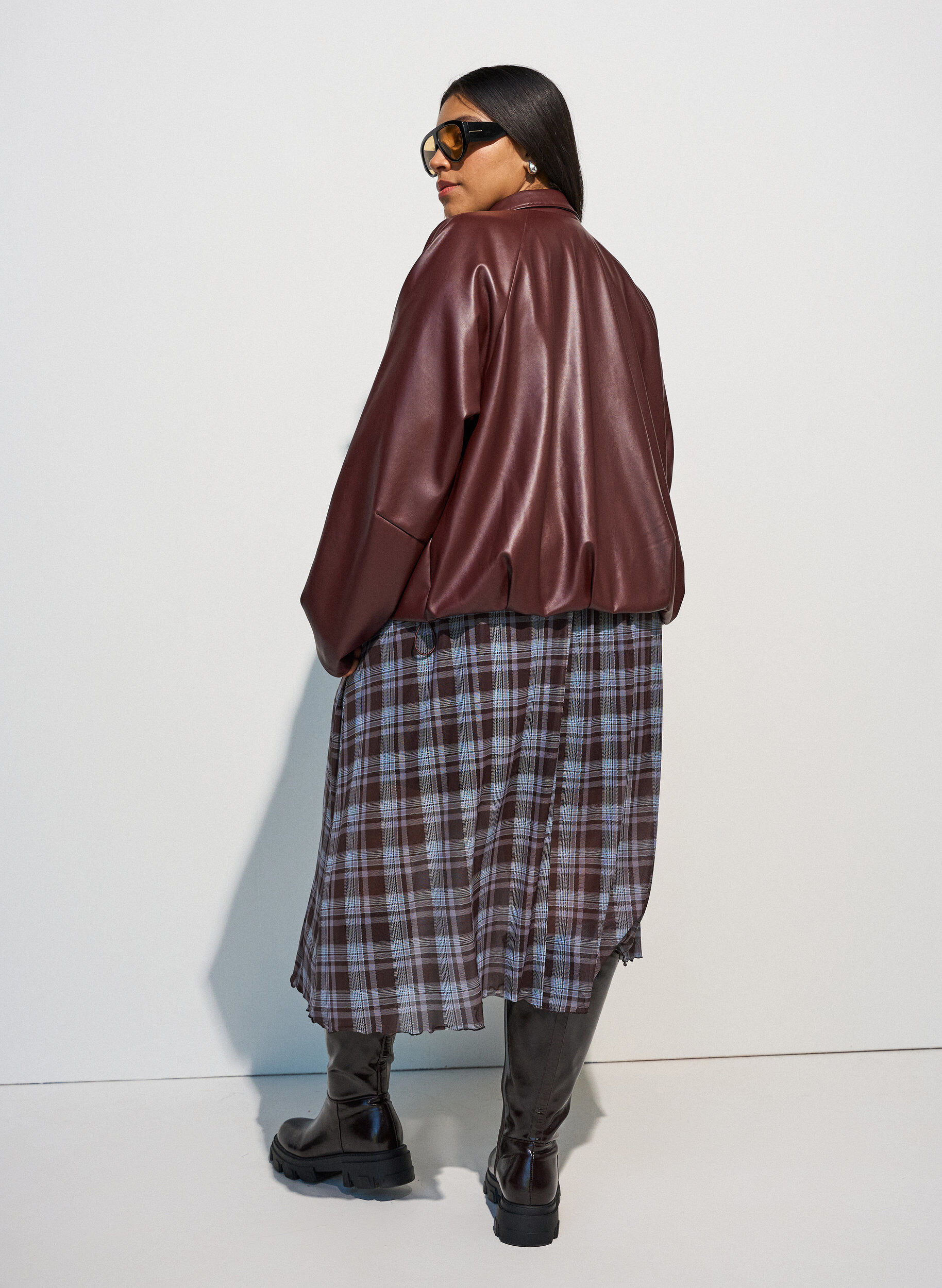 ZizzifashionFaux leather bomber jacket with a drawstring hem, Brown, Model image number 2