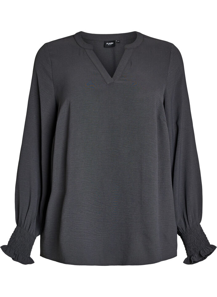 Blouse with smock cuffs and V-neck, Dark Grey, Packshot image number 0
