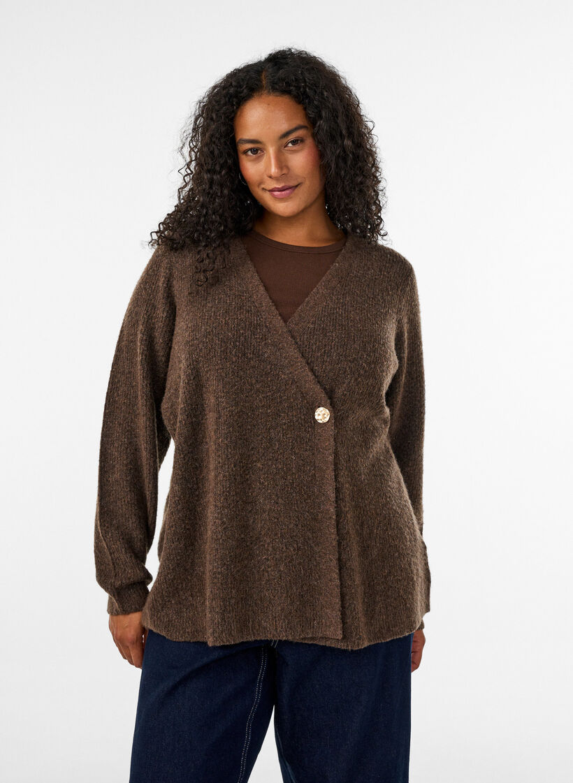 Knitted cardigan with an asymmetric closure, Brown, Model image number 0
