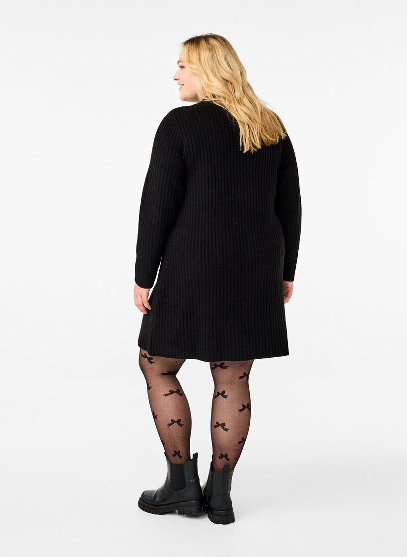 Short ribbed dress with a round neck, Black, Model image number 1