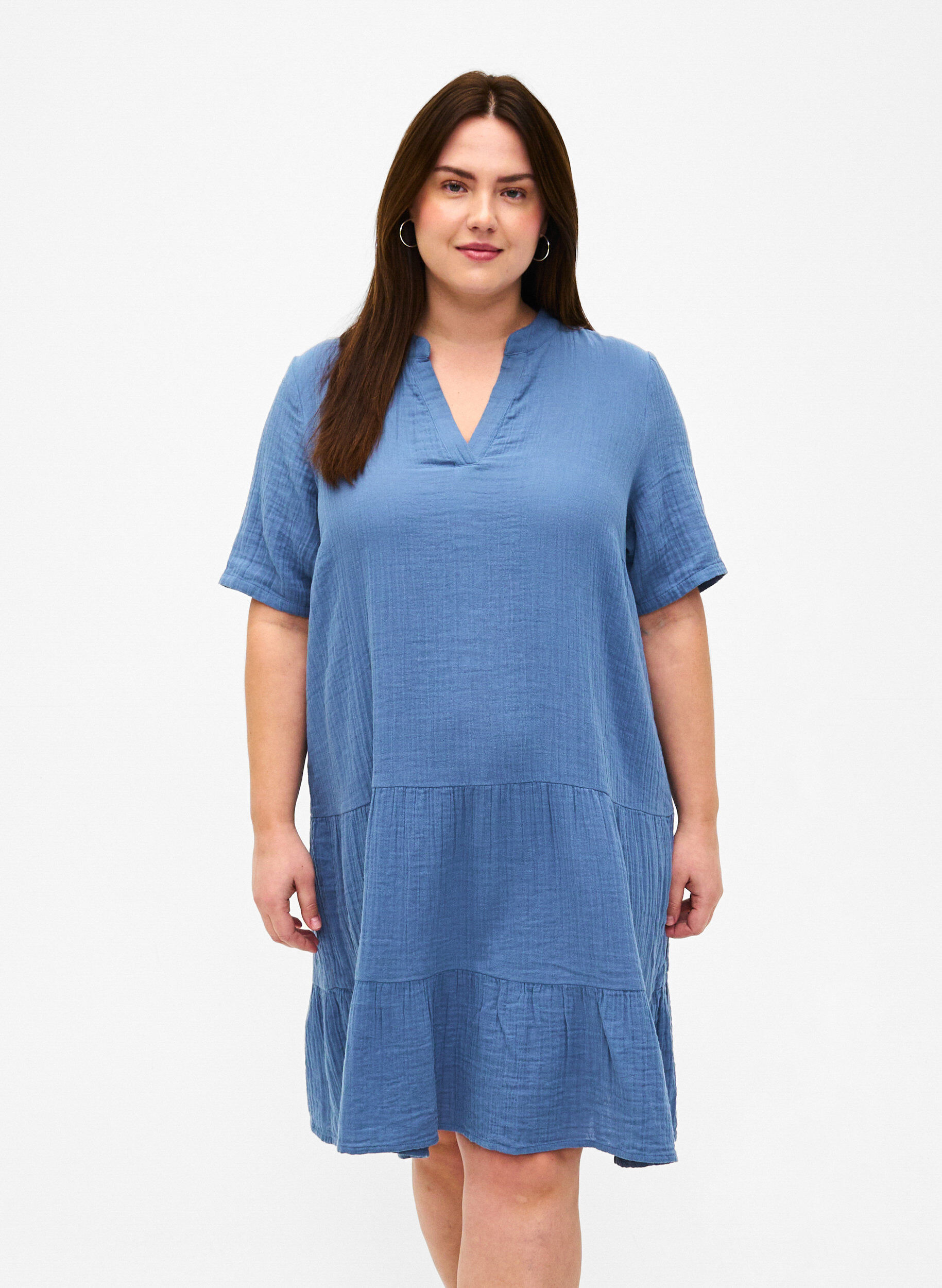 Zizzifashion Short sleeve dress in 100% cotton, Moonlight Blue, Model image number 0