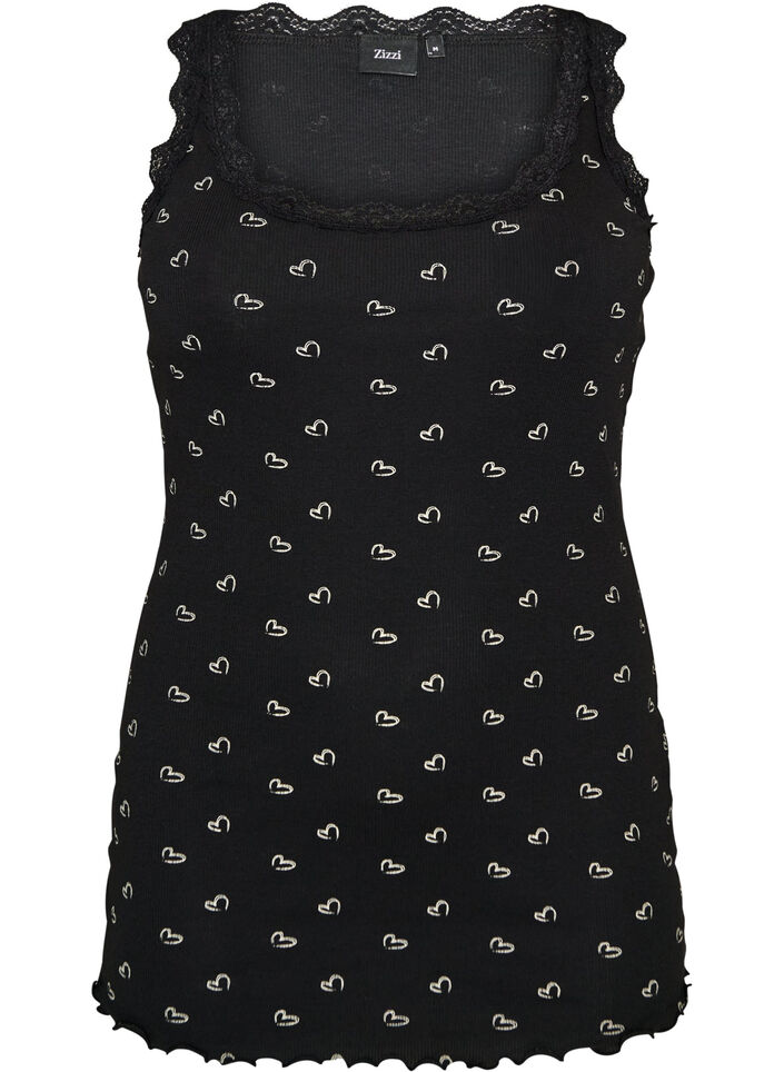 Top with print and lace edge, Black, Packshot image number 0