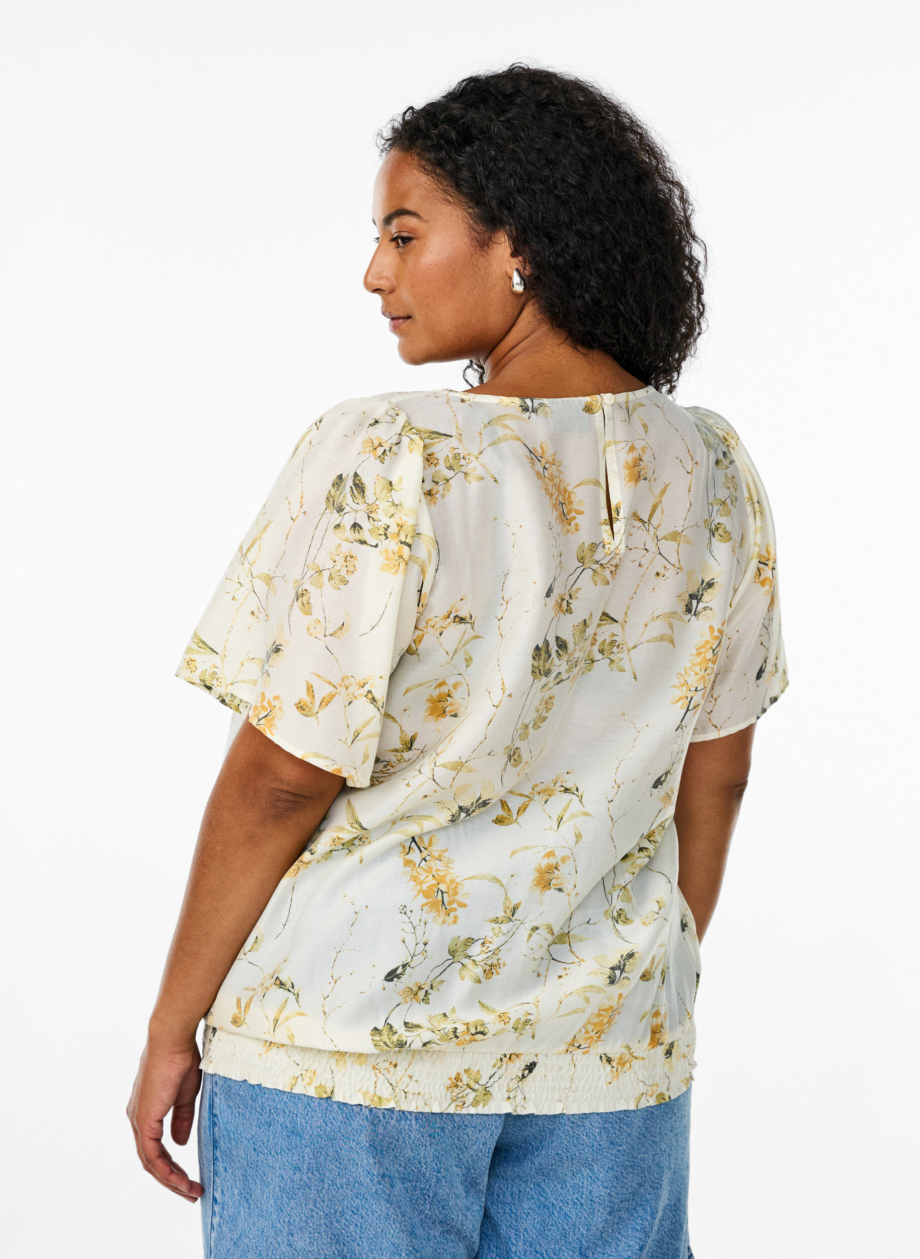 Zizzifashion Floral print blouse with square neck, Yellow, Model image number 2