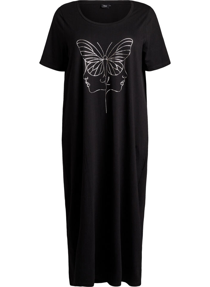 Midi nightgown in organic cotton, Black, Packshot image number 0