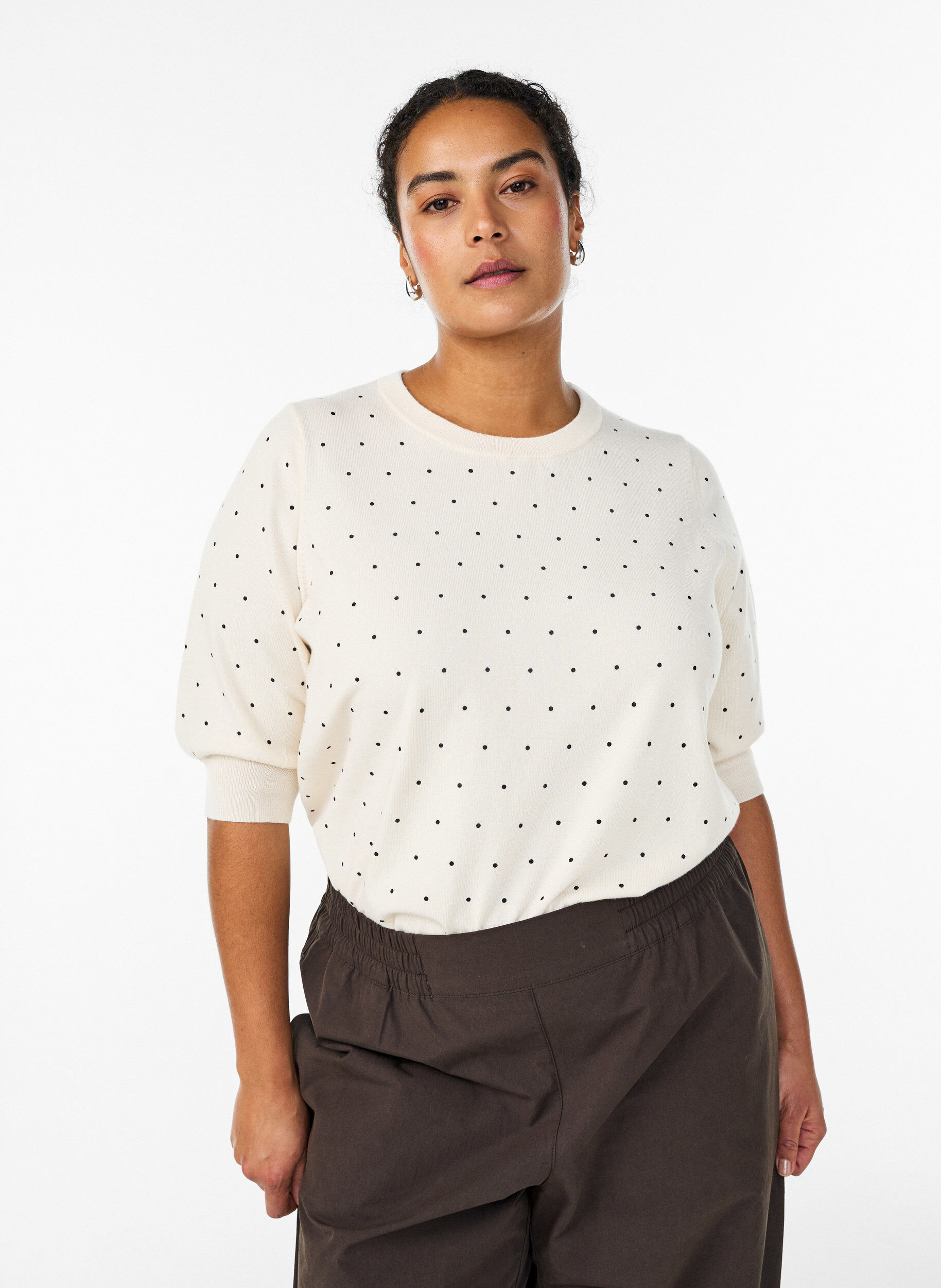 ZizzifashionKnitted top with polka dot pattern and short sleeves, White, Model image number 0