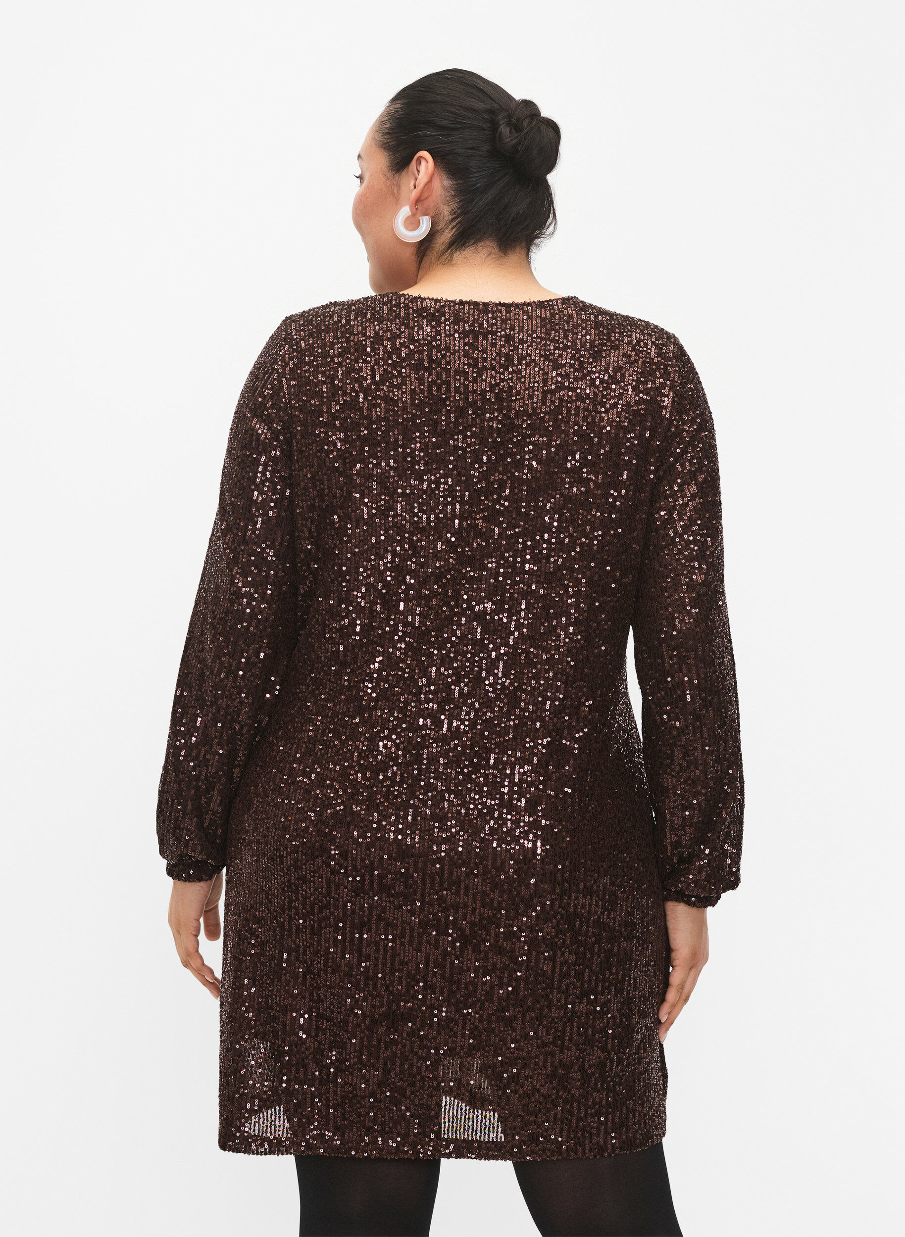 Zizzifashion Short sequin dress with long sleeves, Chicory Coffee, Model image number 1