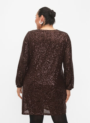 Short sequin dress with long sleeves, Chicory Coffee, Model image number 1