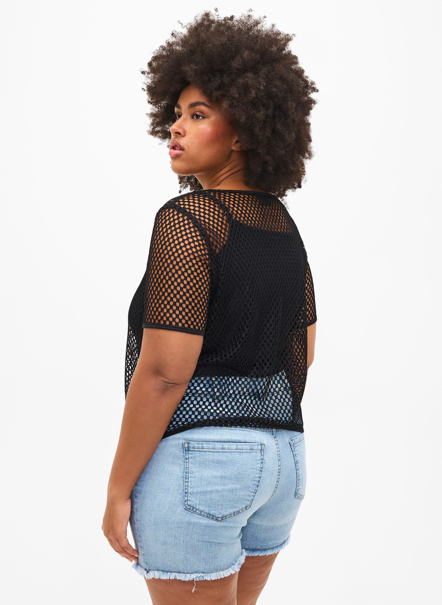 Zizzifashion Mesh blouse with short sleeves, Black, Model image number 1