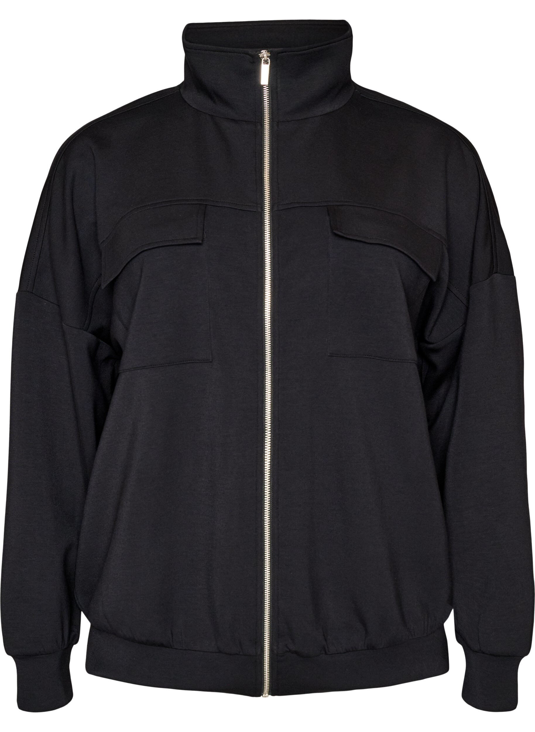 ZizzifashionJersey cardigan with zipper and high collar, Black, Packshot image number 0