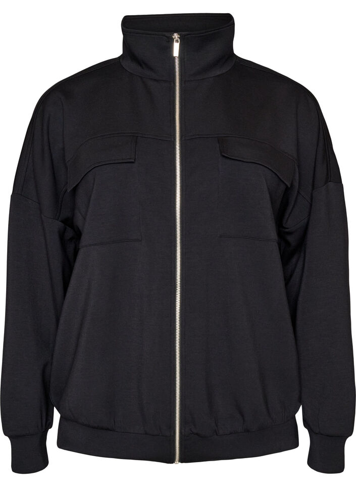 Jersey cardigan with zipper and high collar, Black, Packshot image number 0