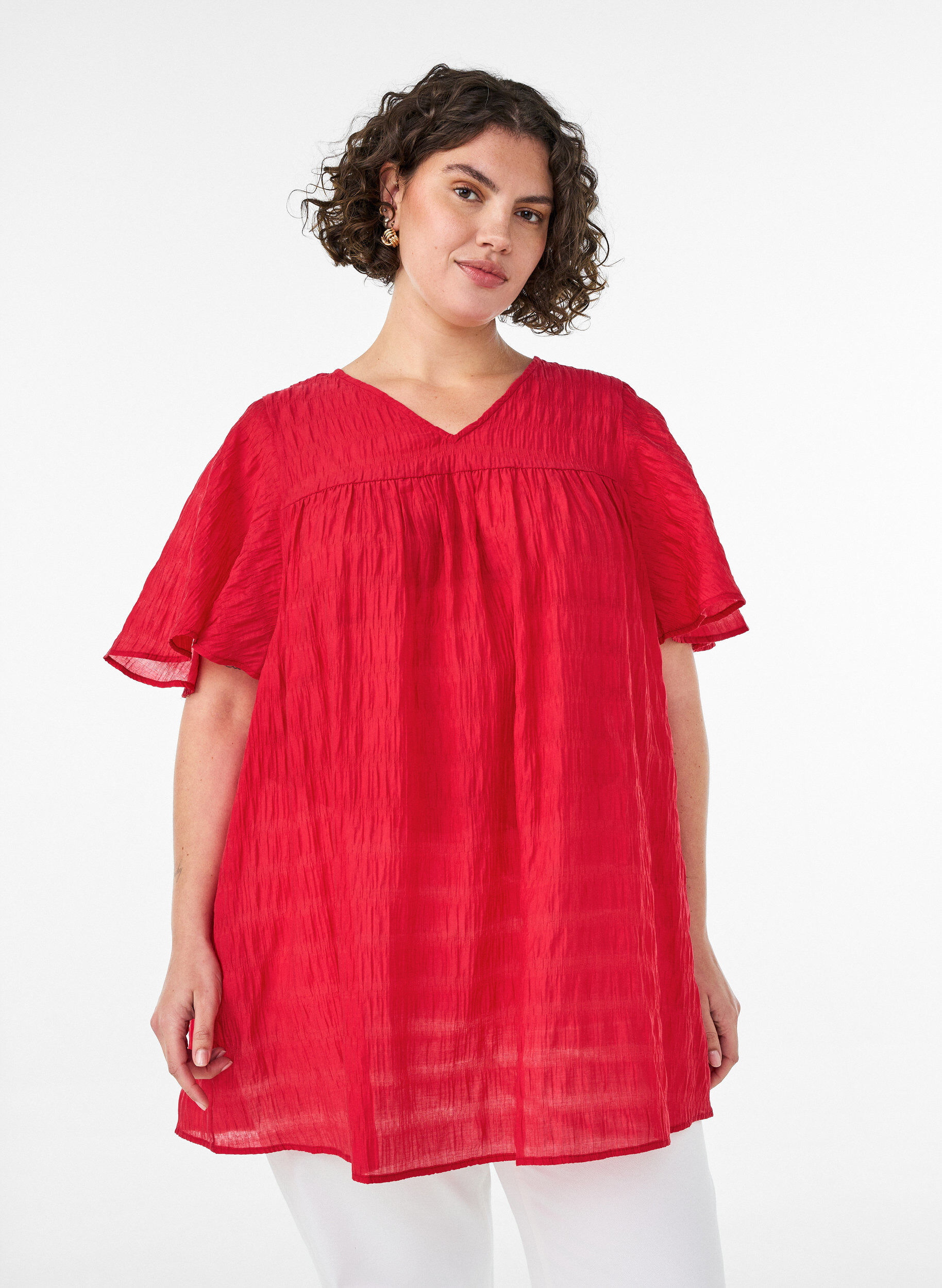 Zizzifashion Tunic in lyocell with flutter sleeves, Red, Model image number 0