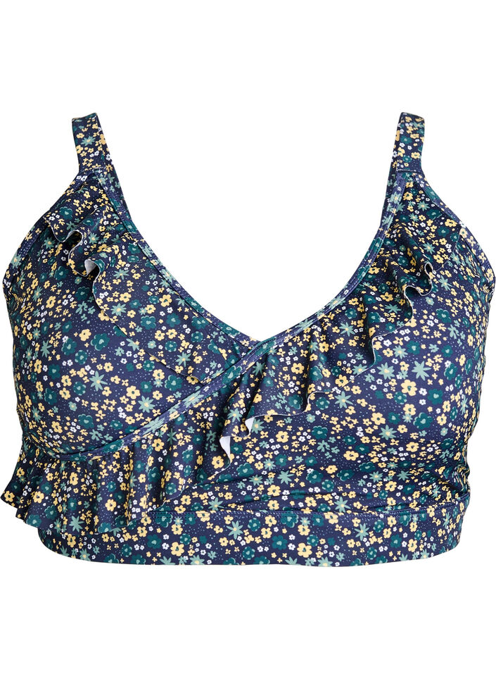 Bikini top with print and ruffle details, Petrol, Packshot image number 0