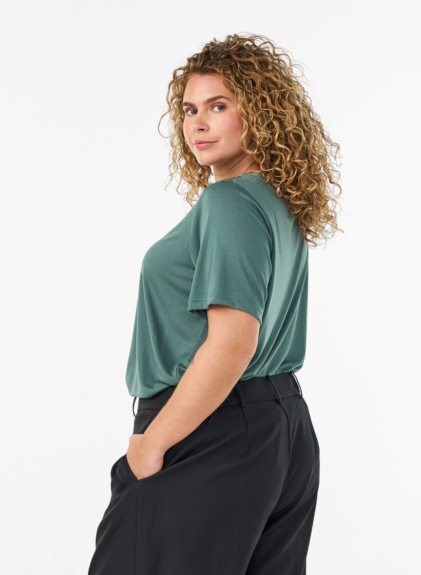 Blouse with lace insert and balloon sleeves, Green, Model image number 2