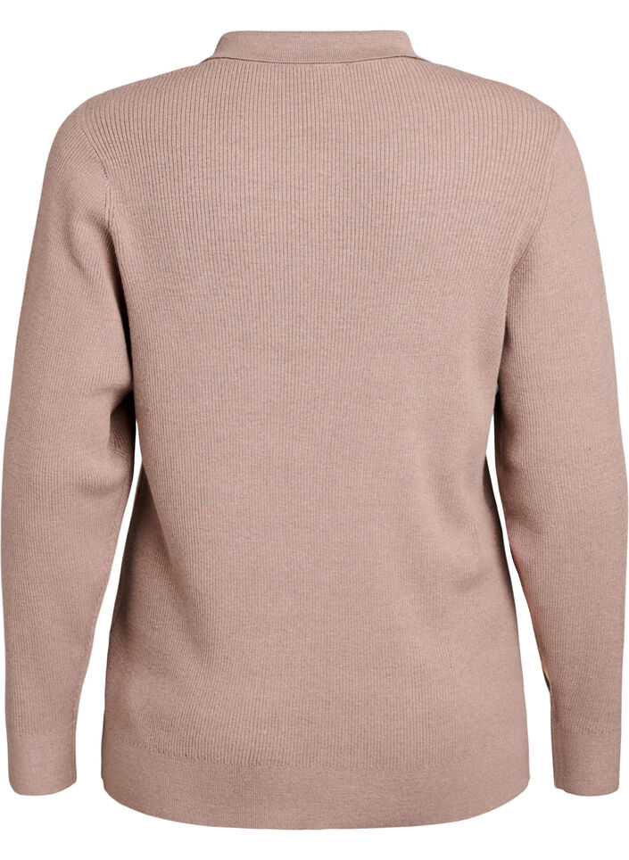 Rib-knitted pullover with polo collar and zip, Beige, Packshot image number 1