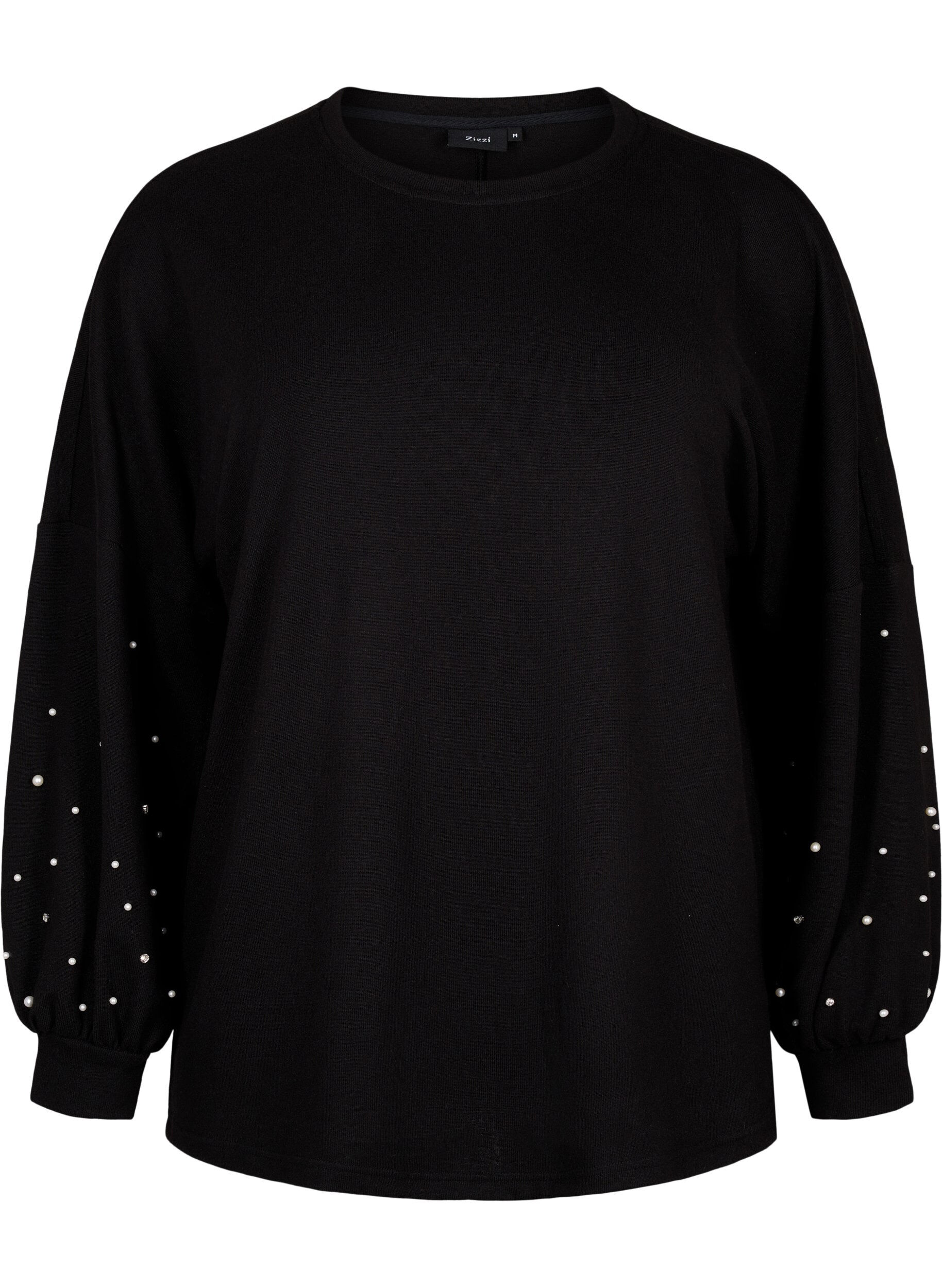 Zizzifashion Solid coloured blouse with pearls, Black, Packshot image number 0