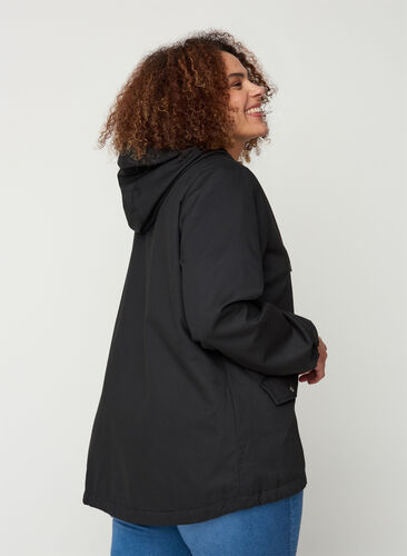 Short jacket with a hood and pockets, Black, Model image number 1