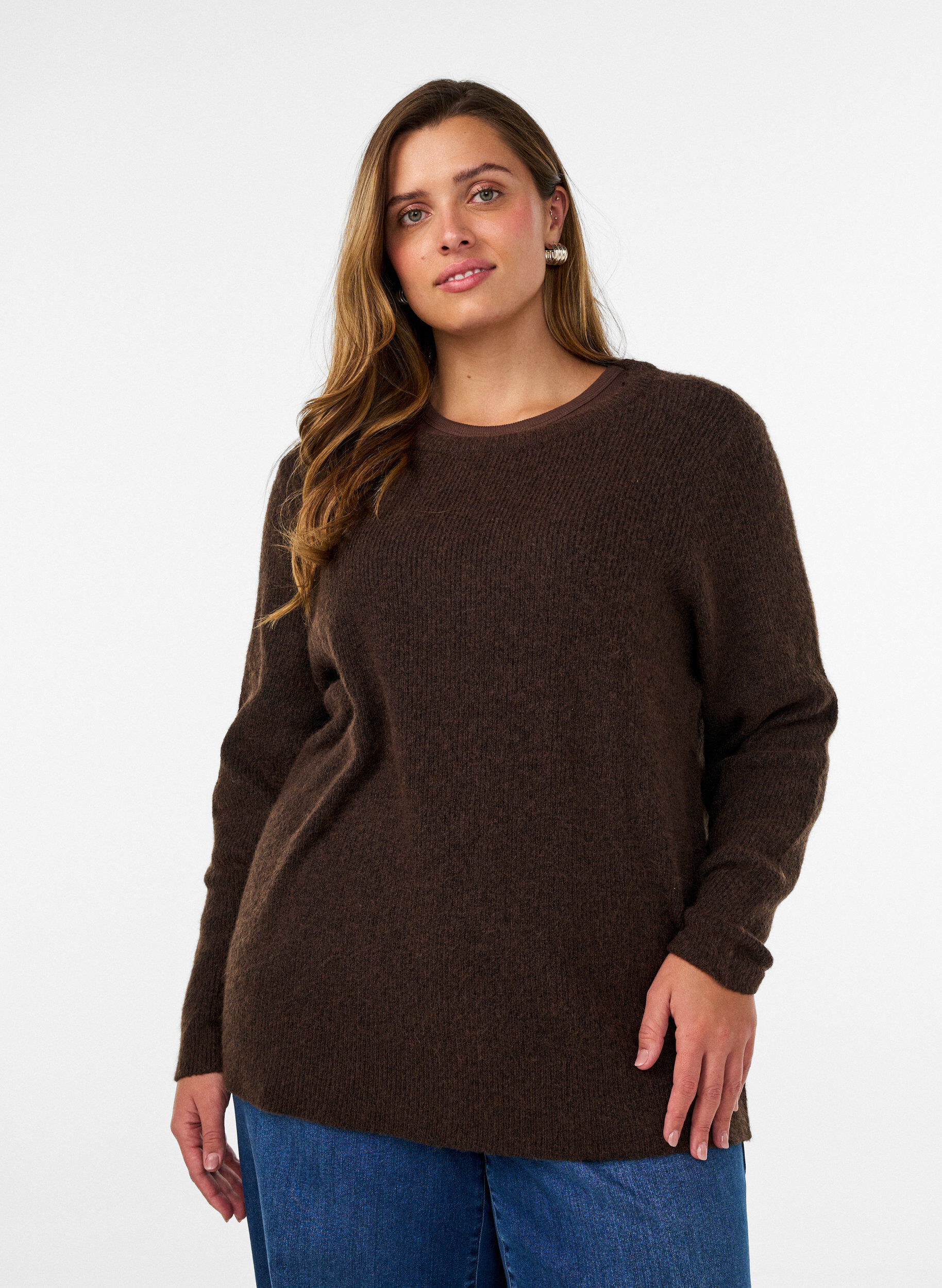 ZizzifashionMelange knit blouse with round neck, Brown, Model image number 0