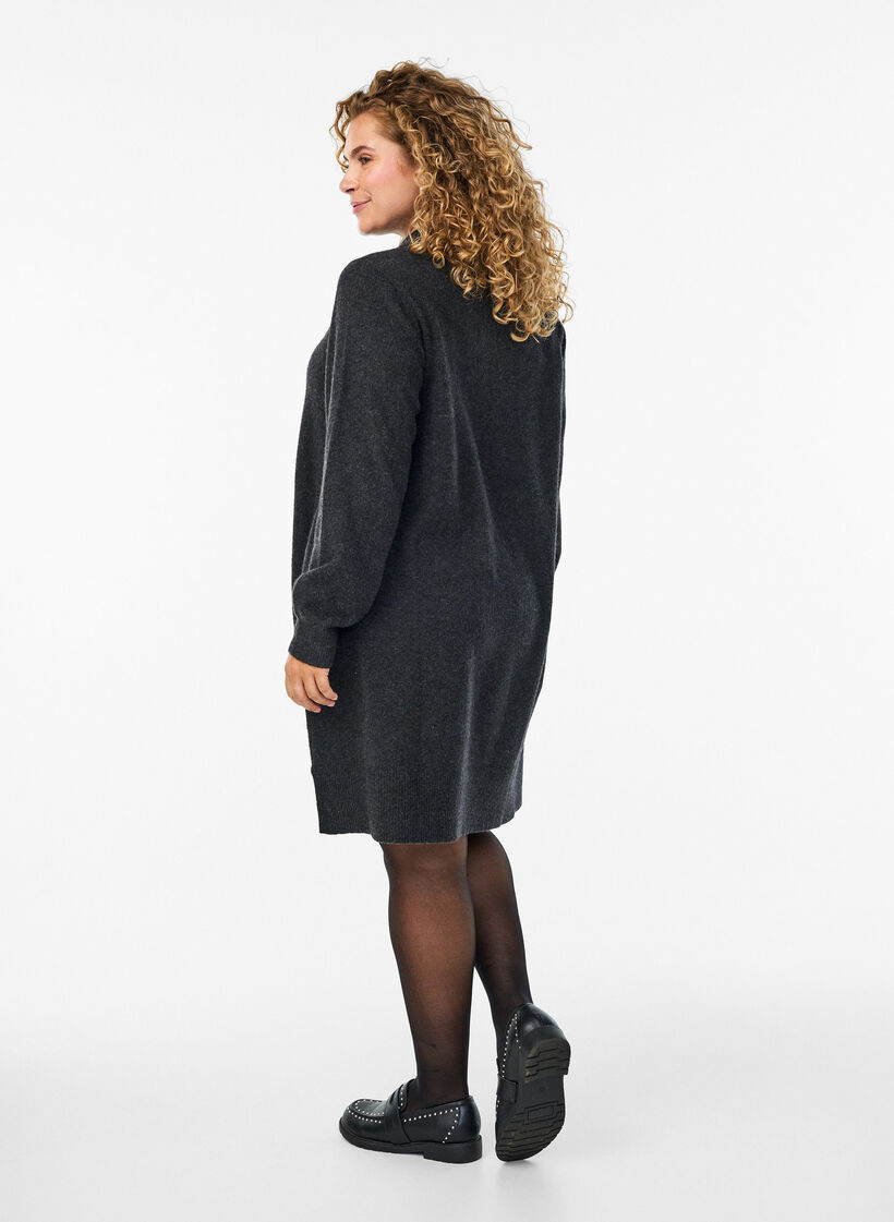 Short knit dress with polo collar and buttons, Dark Grey, Model image number 1