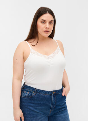 Close-fitting Viscose Top with Lace Edge, White, Model image number 0