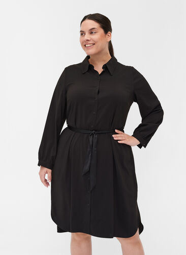 Shirt dress with tie-string and buttons, Black, Model image number 0