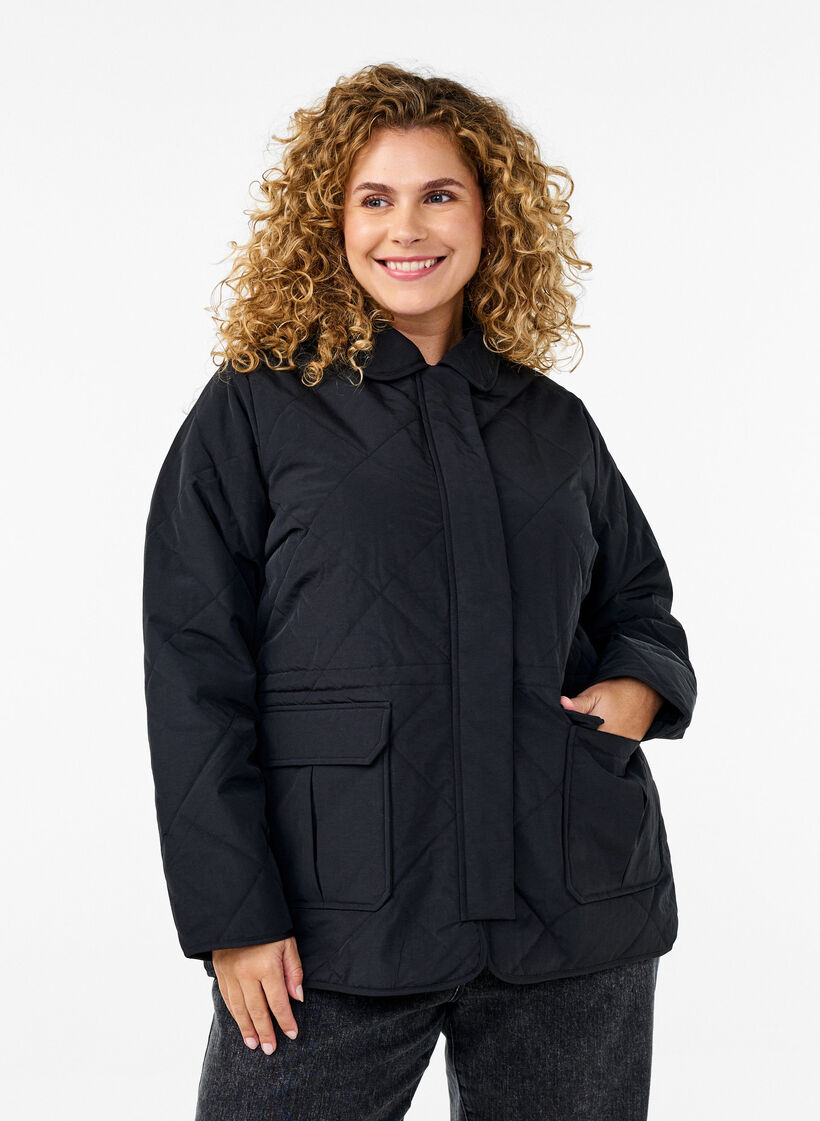 Quilted jacket with collar and pockets, Black, Model image number 0