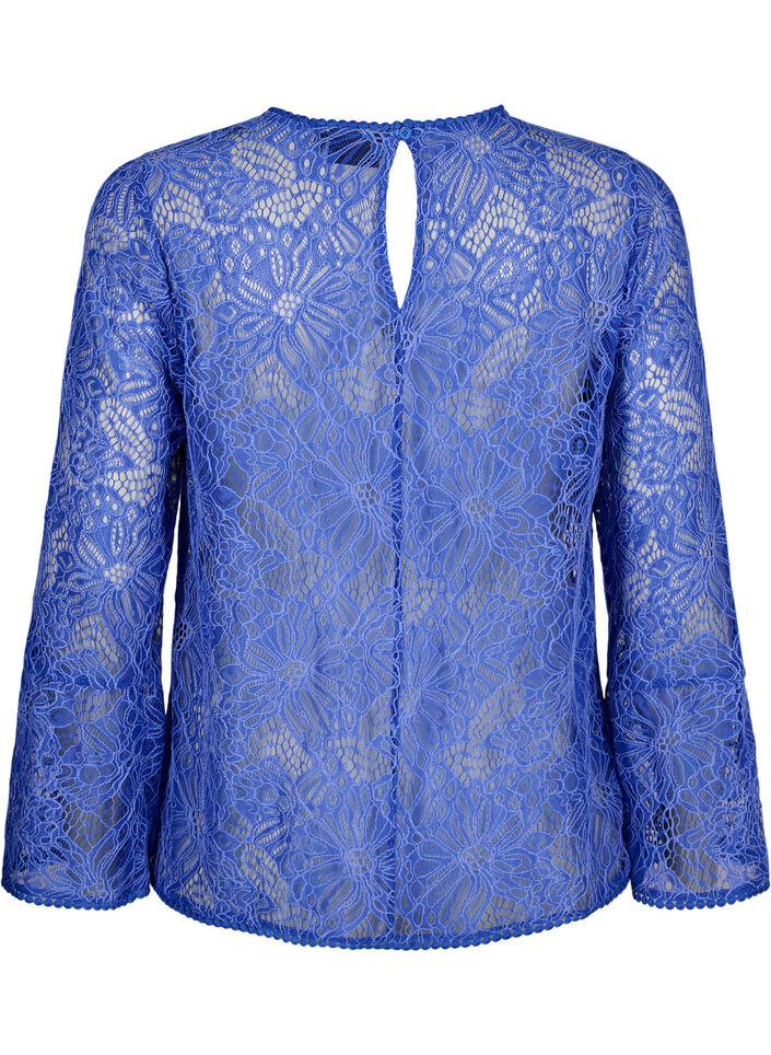 Lace blouse with round neck and long sleeves, Blue, Packshot image number 1