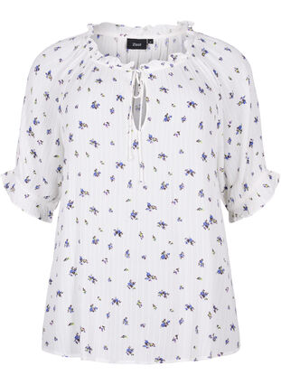 Floral viscose blouse with half-length sleeves, Bright White Flower, Packshot image number 0