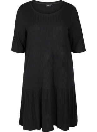 Ribbed dress with 1/2 length sleeves, Black, Packshot image number 0