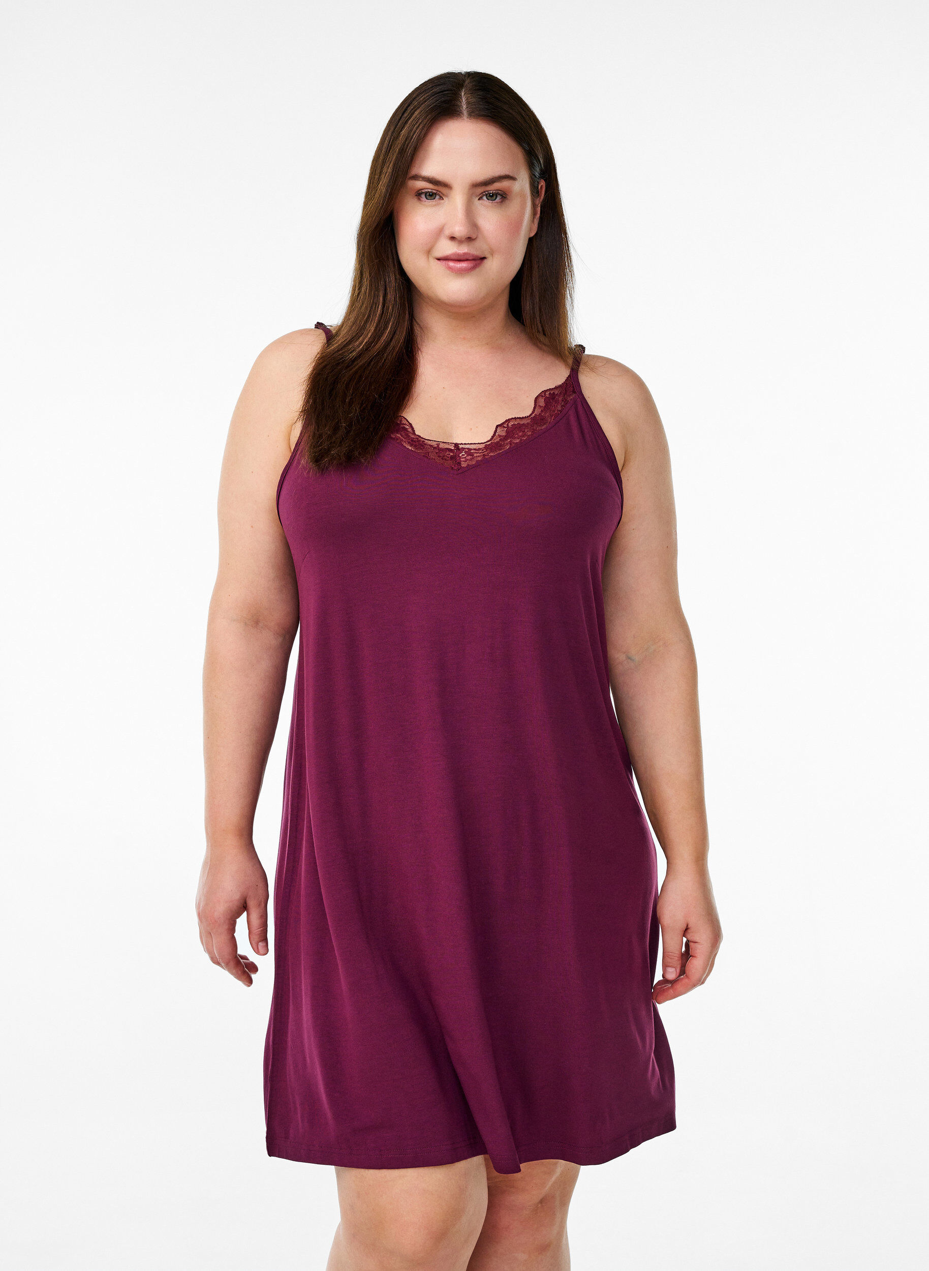 ZizzifashionViscose nightgown with lace trim, Dark Bordeaux, Model image number 0