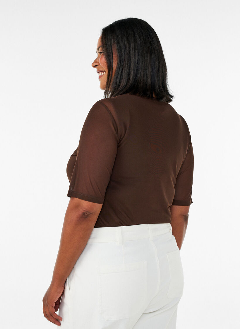 Mesh top with short sleeves and round neck, Brown, Model image number 2