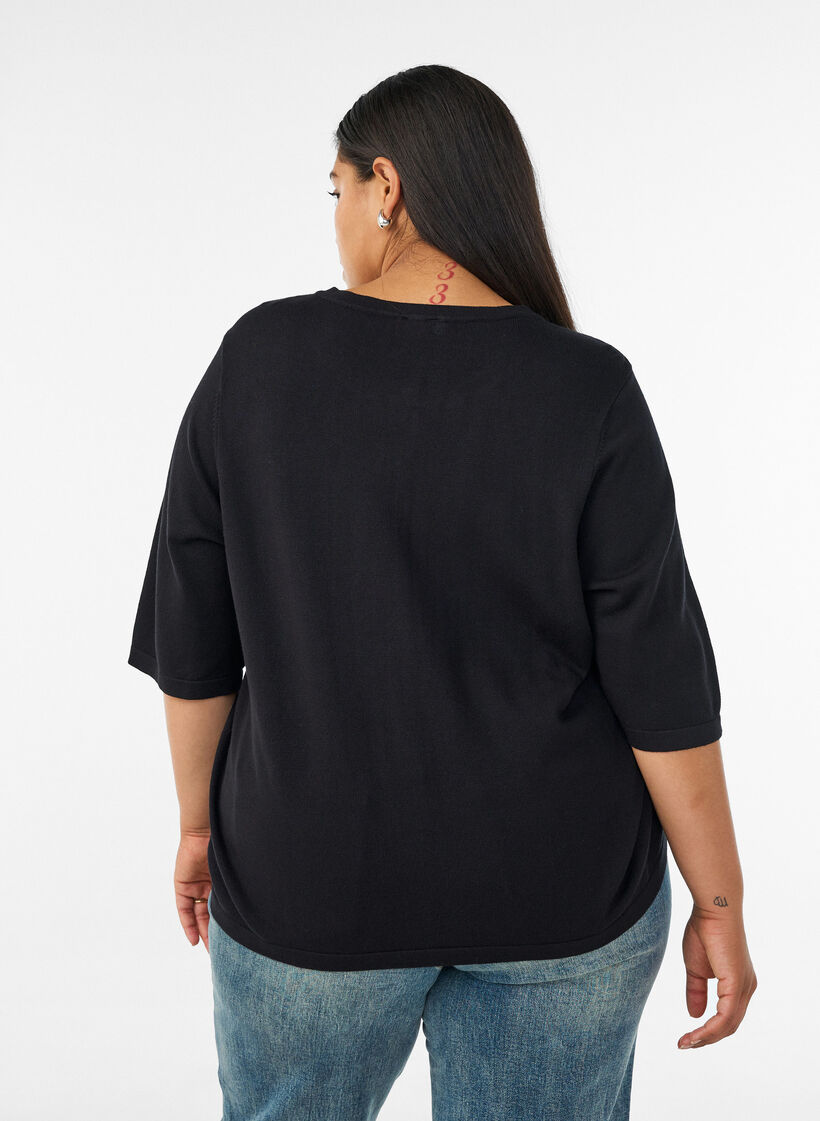 Knit cardigan with heart buttons and short sleeves, Black, Model image number 2