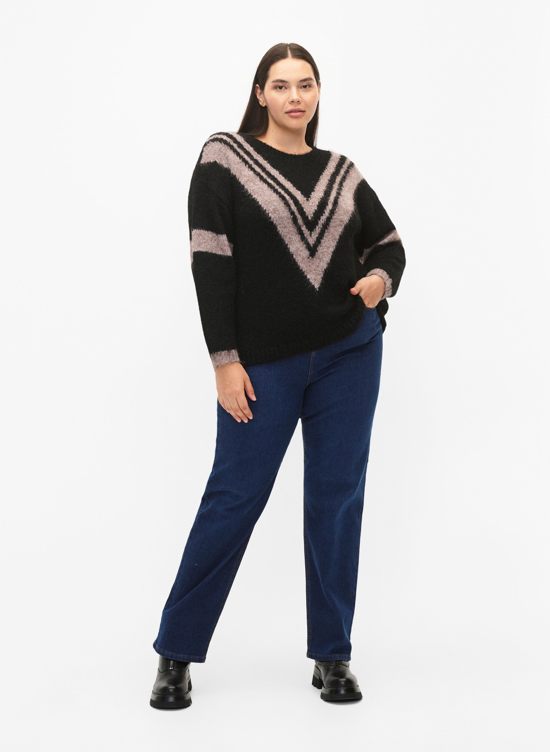 Zizzifashion Knitted sweater with striped detail, Black Comb, Model image number 2