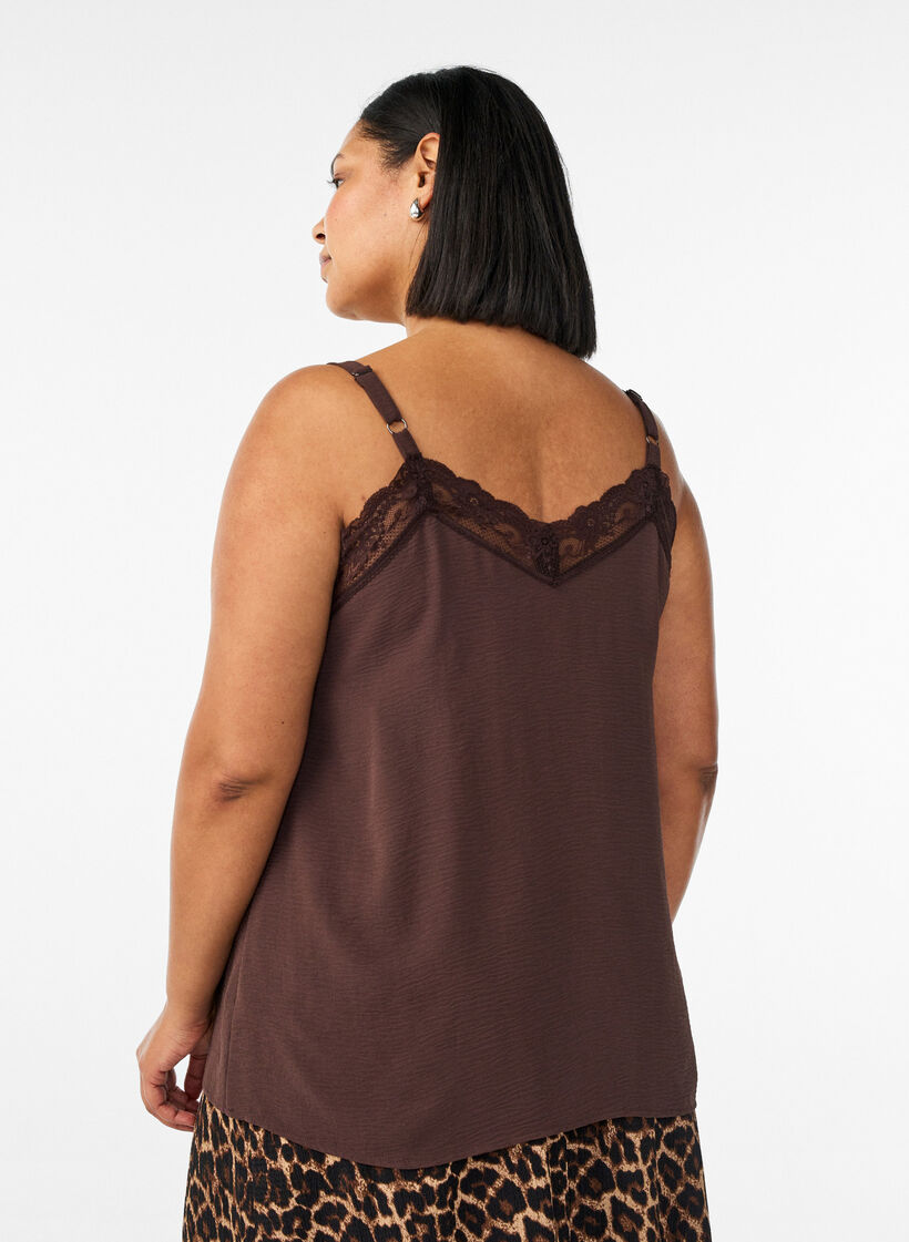 Cami top with a V-neck and lace trim, Brown, Model image number 2