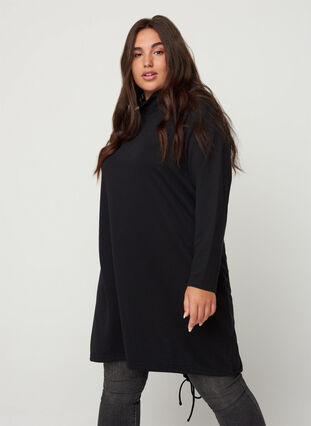 Sweater dress with a high neck and tie detail, Black, Model image number 0