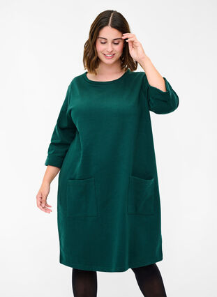 Cotton sweat dress with 3/4 sleeves and pockets, Ponderosa Pine, Model image number 0