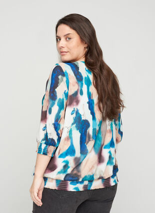 Printed blouse with 3/4 sleeves and smock detail, Reflecting Pond, Model image number 1