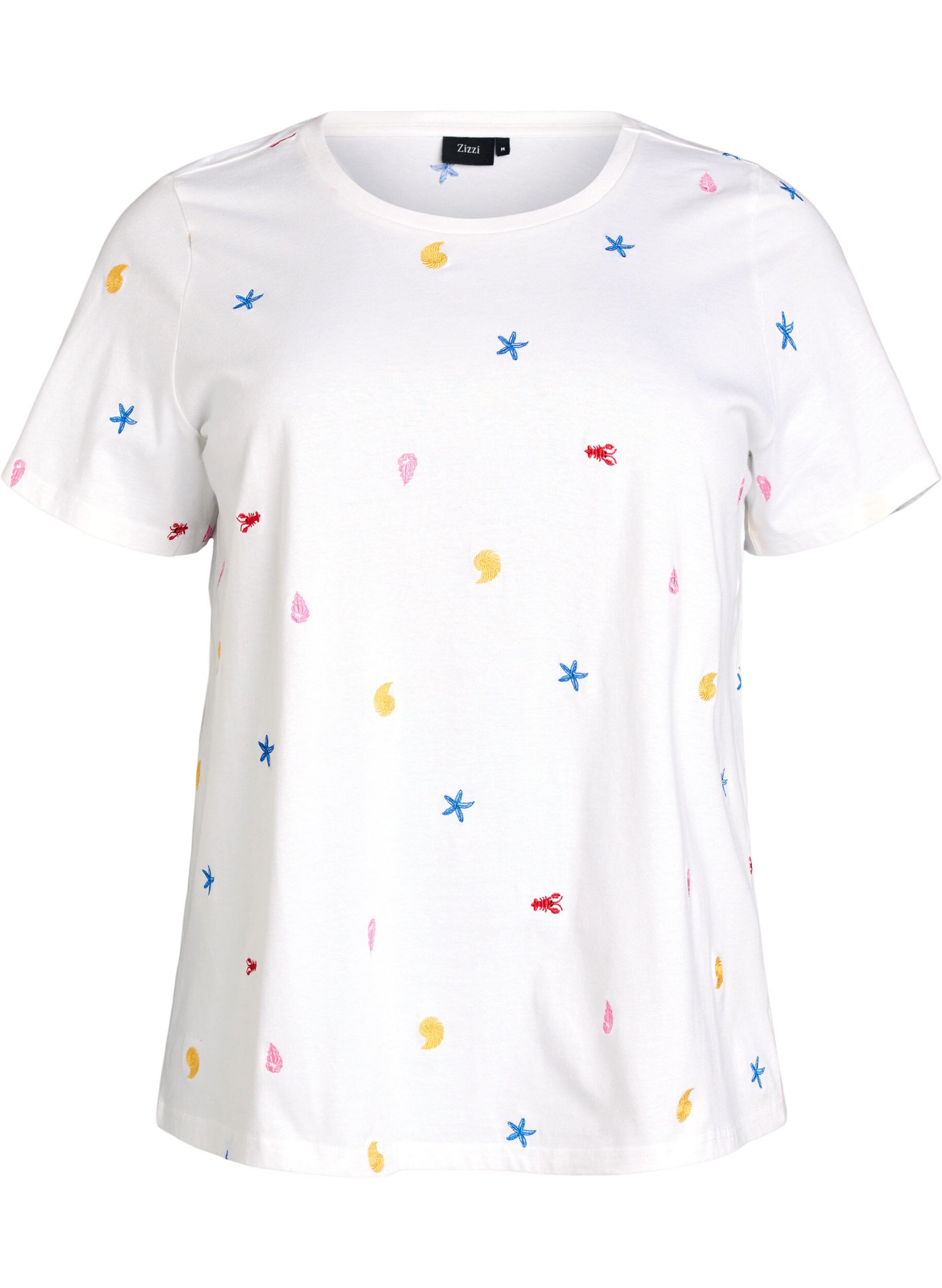 Zizzifashion T-shirt in organic cotton with embroidered motifs, White, Packshot image number 0