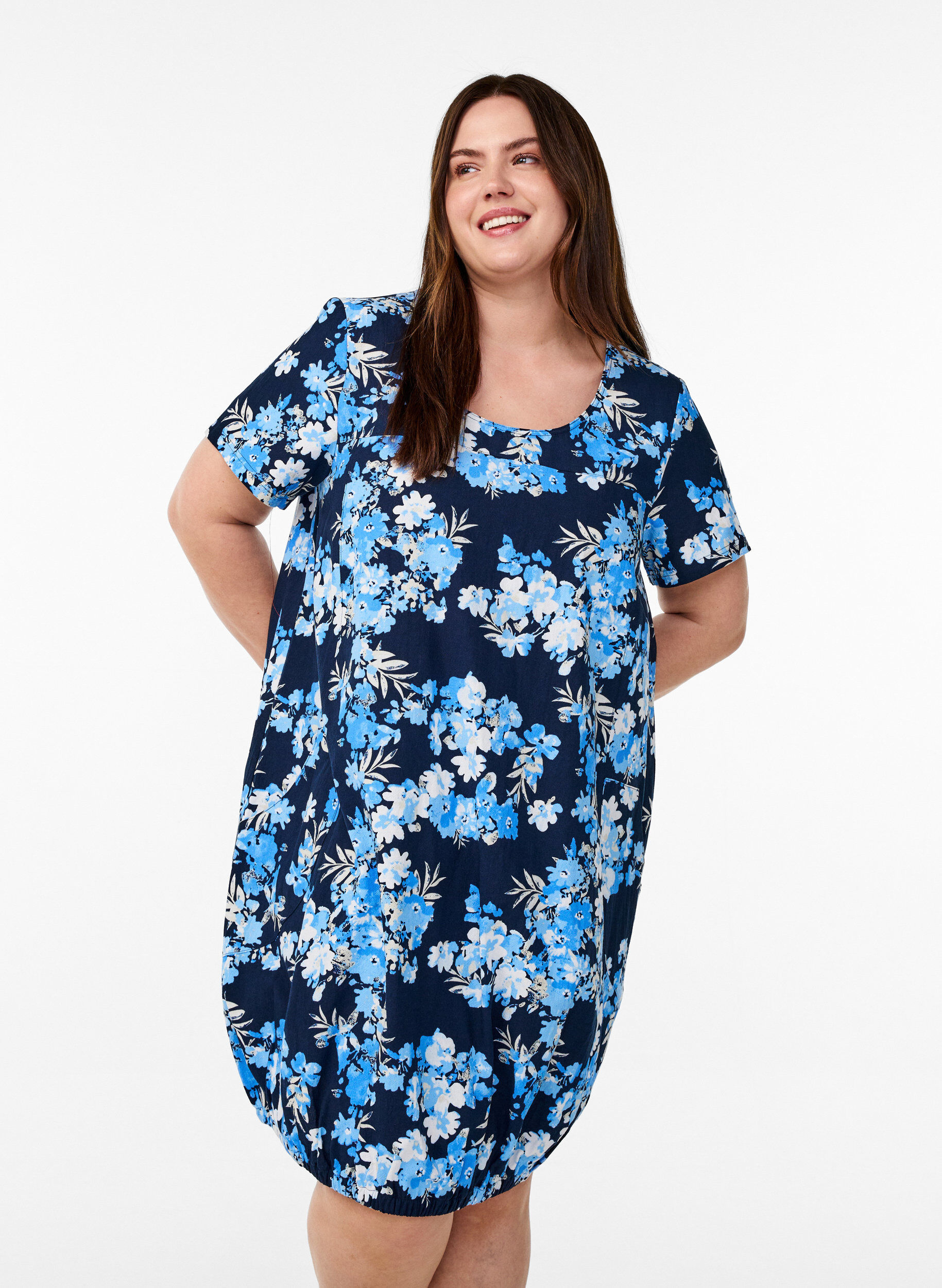 ZizzifashionShort-sleeved cotton dress with print, Blue, Model image number 0