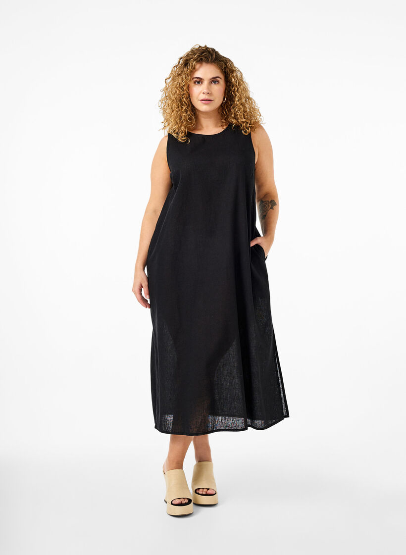 Sleeveless cotton blend dress with linen, Black, Model image number 0