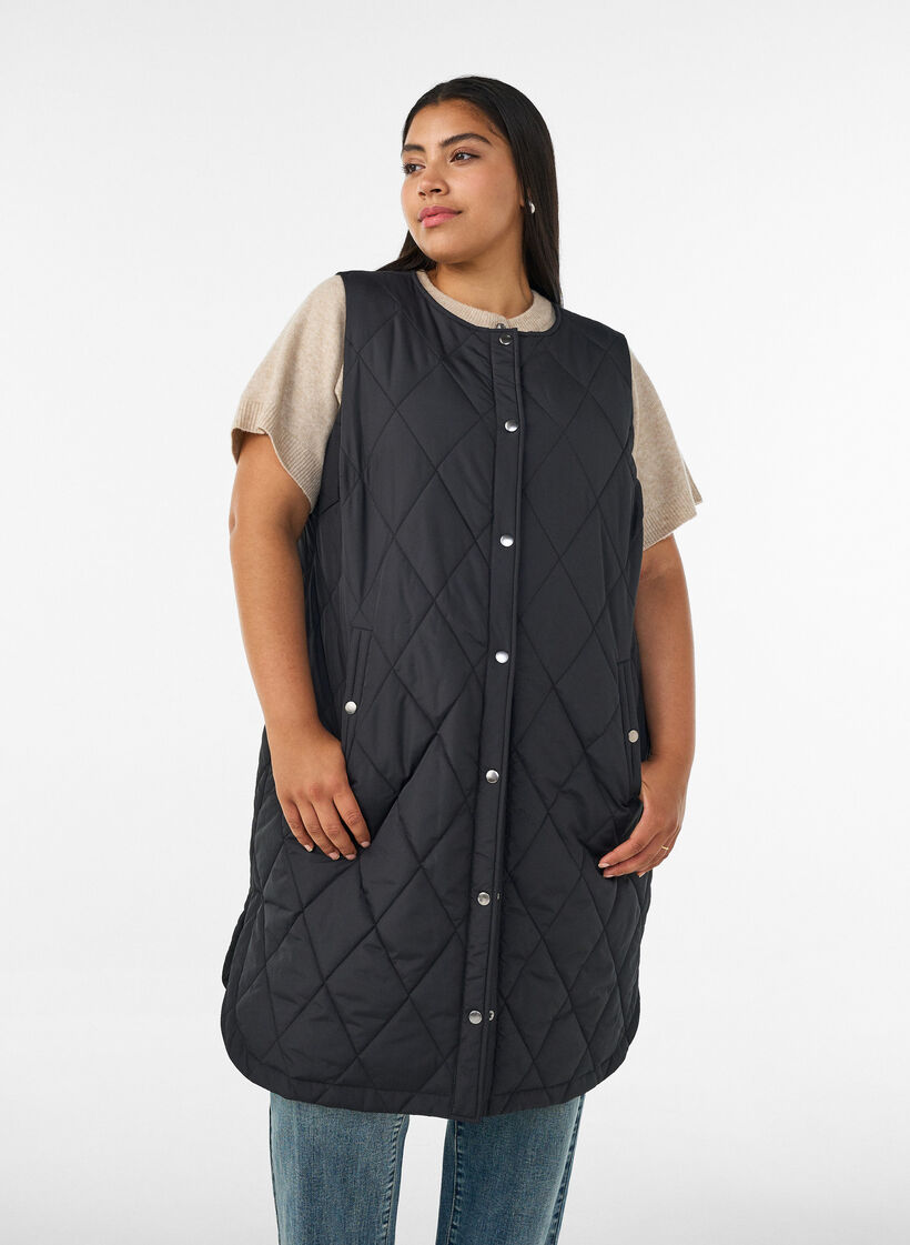 Long quilted gilet with press studs, Black, Model image number 0