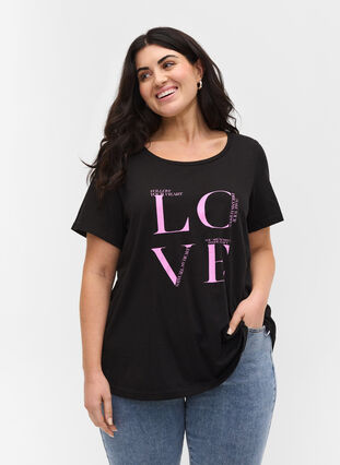 Cotton t-shirt with print, Black Cyclamen LOVE, Model image number 0