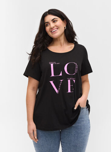 Cotton t-shirt with print, Black Cyclamen LOVE, Model image number 0