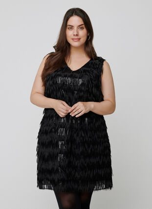 Fringed dress with sequins, Black, Model image number 0