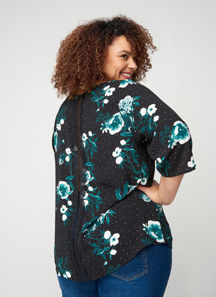 Printed blouse with lace back and 3/4-length sleeves, Black/Flower Dot, Model image number 1