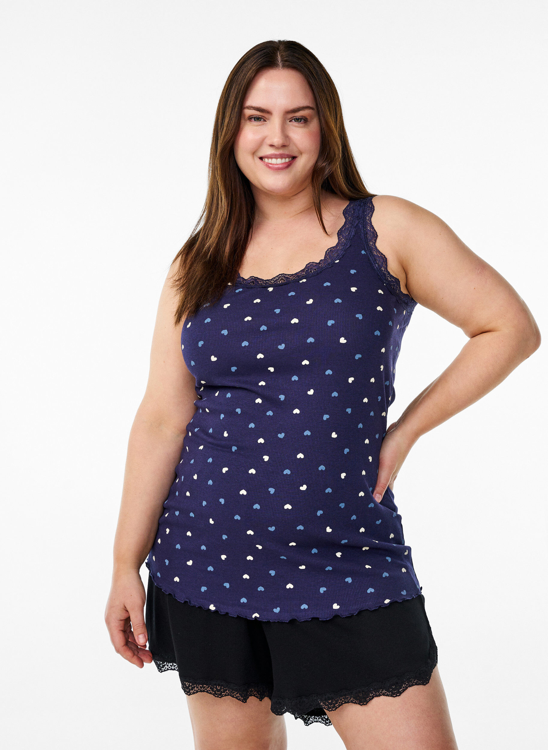 Top with print and lace edge, Blue, Model