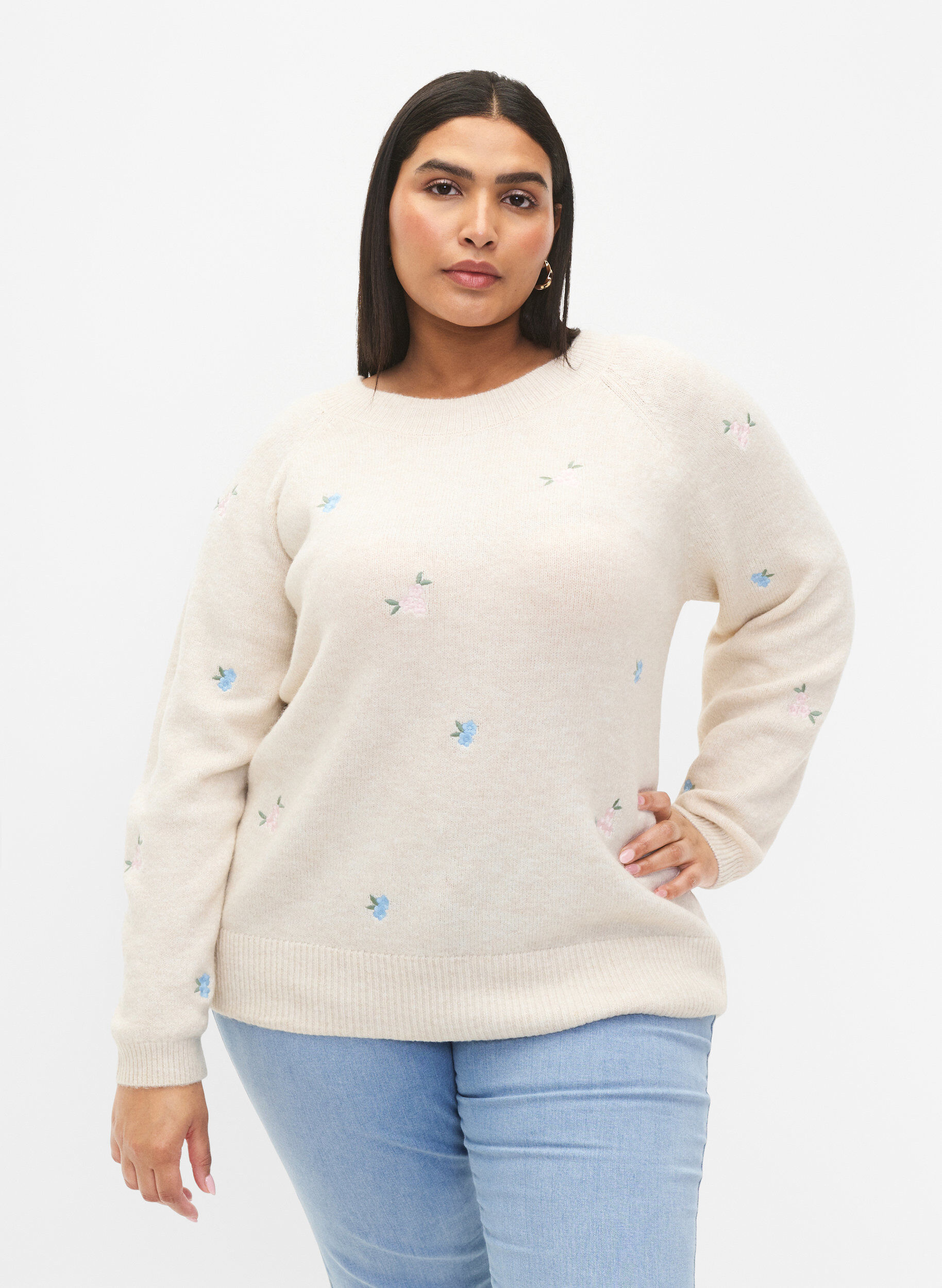 Zizzifashion Knitted sweater with embroidered flowers, Birch Comb, Model image number 0