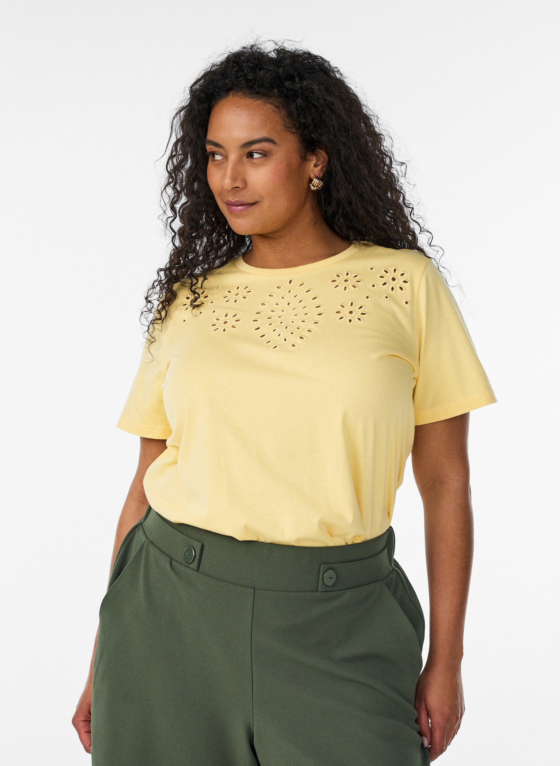 Zizzifashion Organic cotton T-shirt with eyelet embroidery, Yellow, Model image number 0